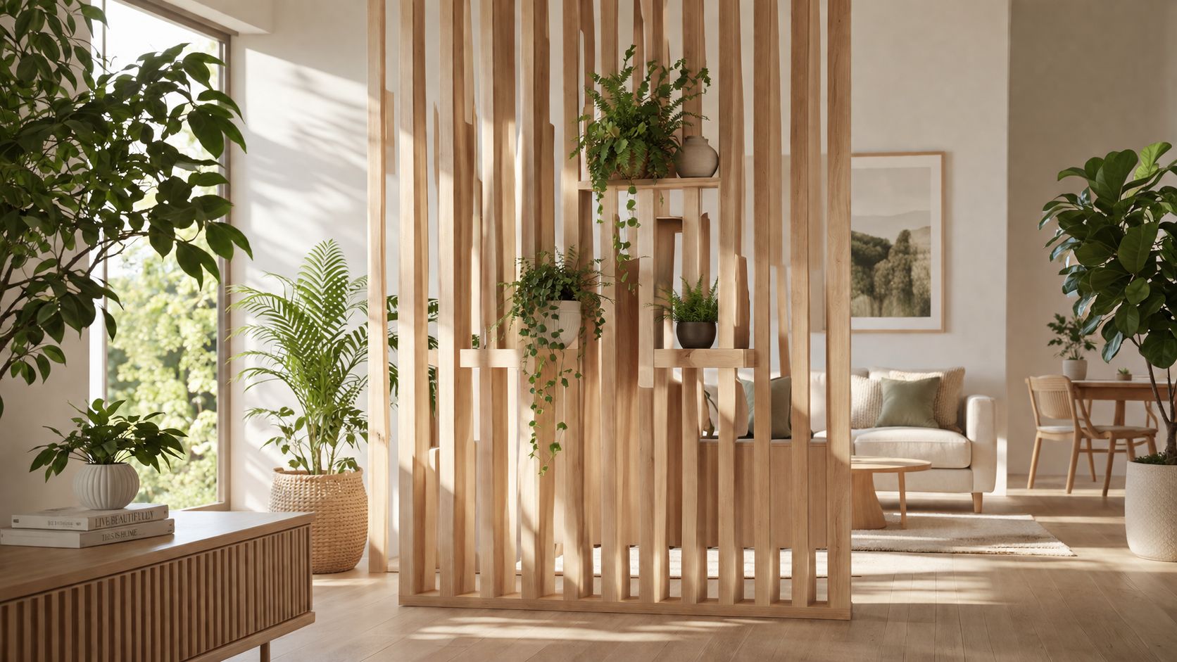 En elegant rumdeler i træ med indbyggede hylder og grønne planter i en moderne lys stue.