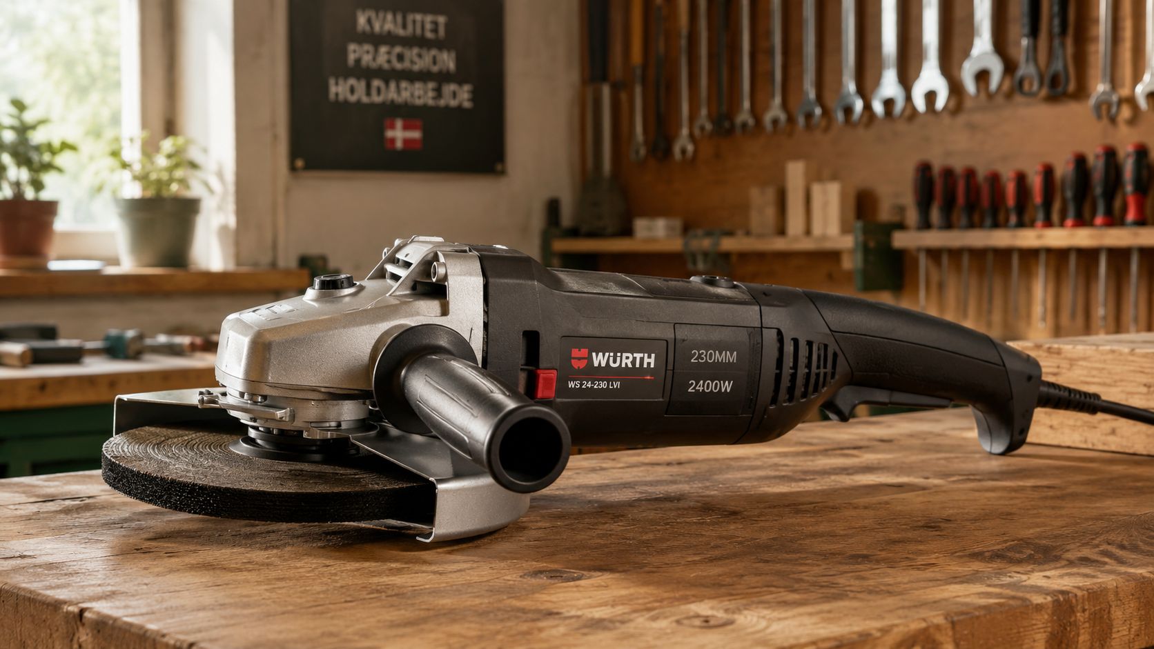 En professionel Würth vinkelsliber på 230 mm placeret på en arbejdsbænk af træ i et værksted.