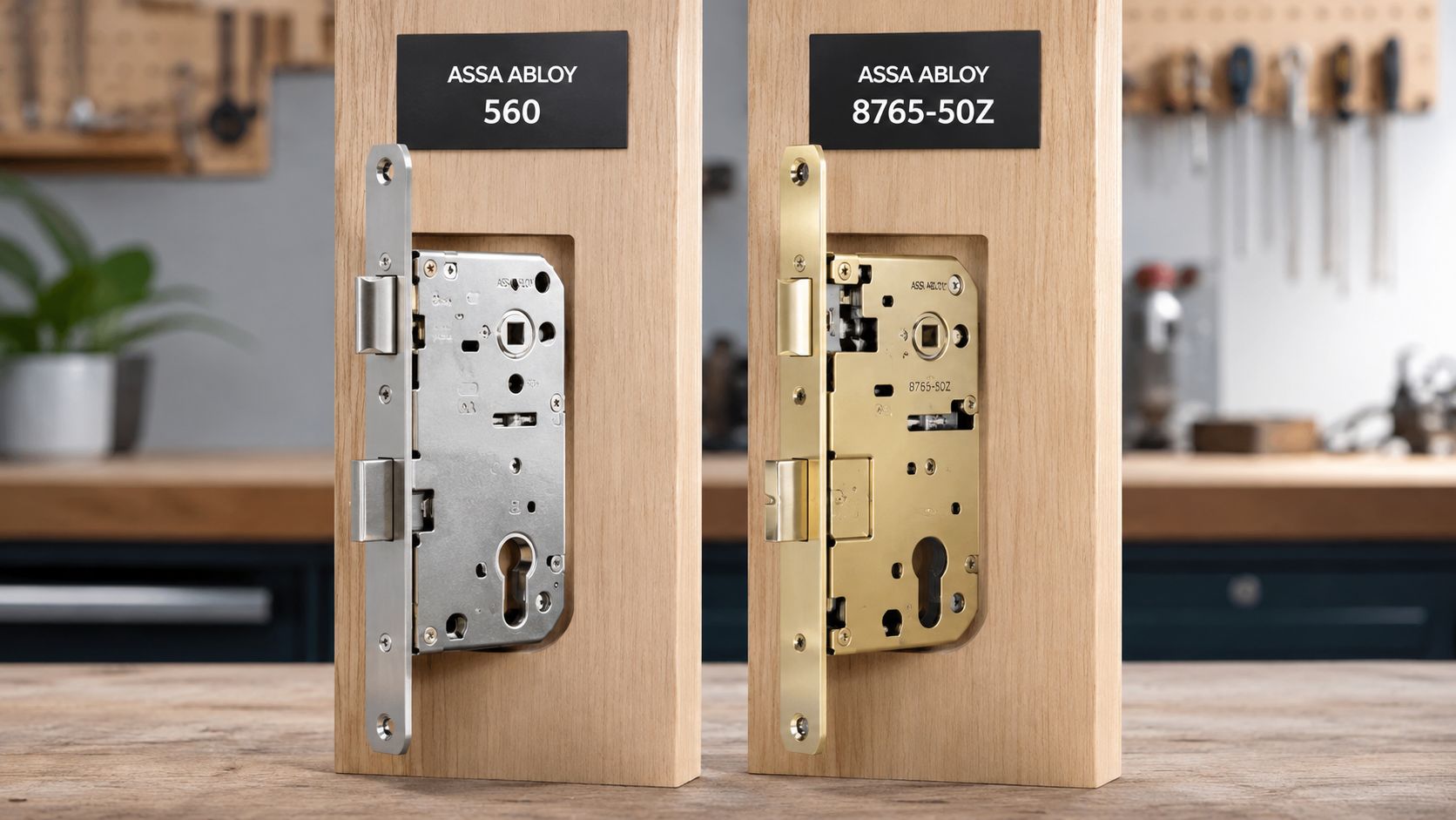 To ASSA ABLOY låsekasser, model 560 og 8765-50Z, monteret i trædørstykker til sammenligning.