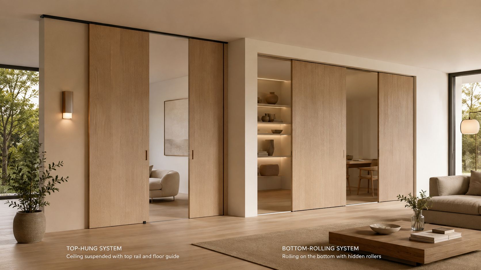 To forskellige typer af elegante skydelåger fra gulv til loft i en moderne stue med træinteriør.